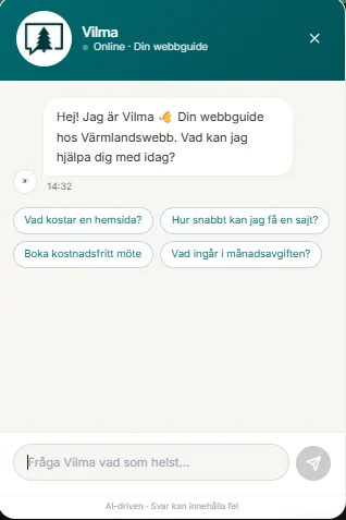 Exempel på en AI-chatbot som chattruta i hörnet av en hemsida
