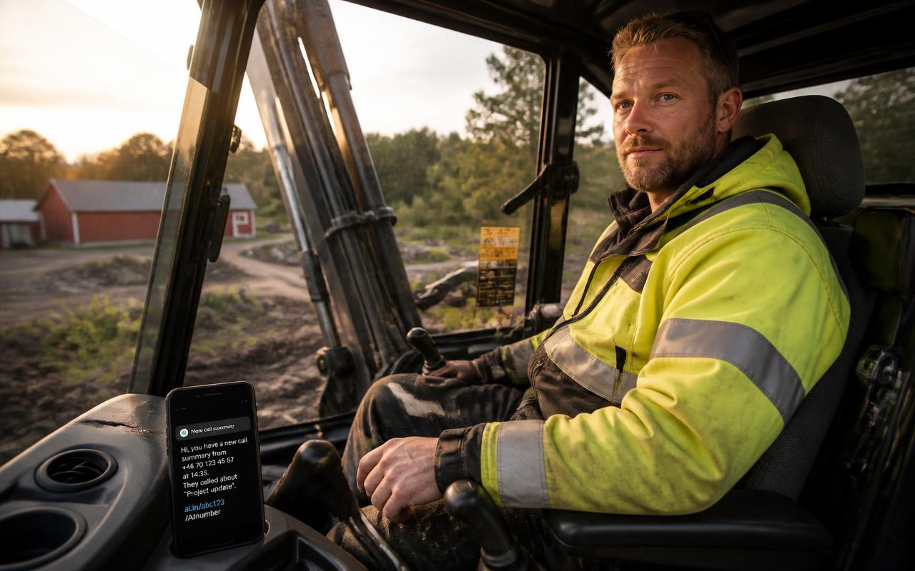 Markentreprenör i grävmaskinshytt som läser en SMS-sammanfattning från AI-telefonisten