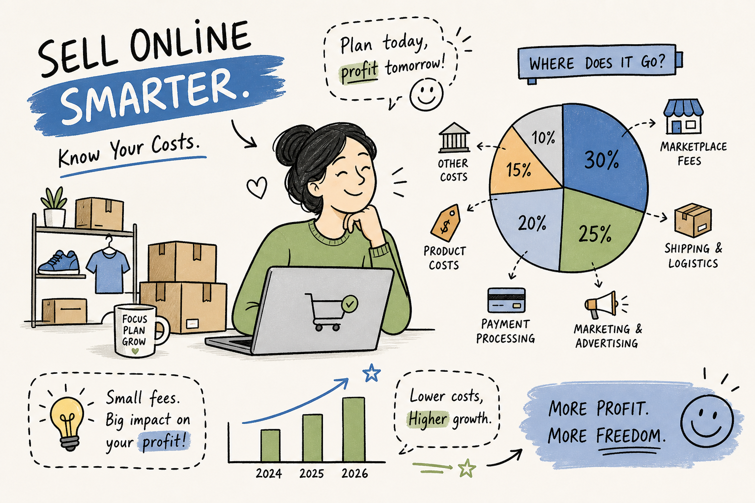 Illustration som visar kostnaderna för att sälja online 2026 — fördelning mellan marknadsplatsavgifter, frakt, betalningar och marknadsföring.