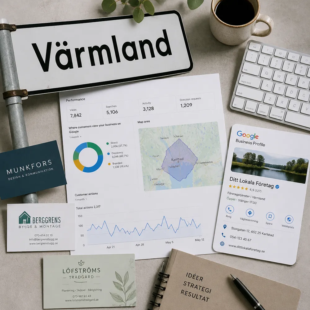Google Företagsprofil-statistik för ett värmländskt företag bredvid visitkort och en Värmland-skylt.