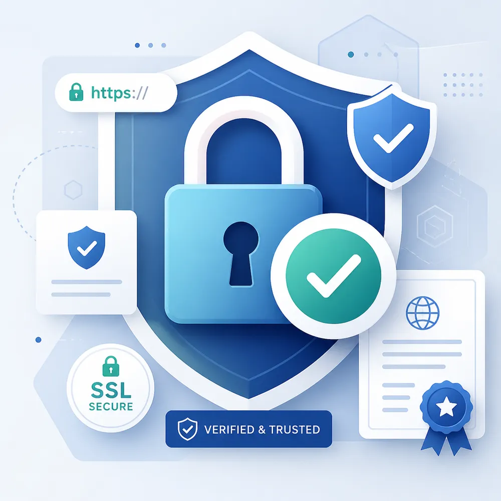 SSL-certifikat, hänglås och trygghetssymboler som visar att en hemsida är säker och verifierad.